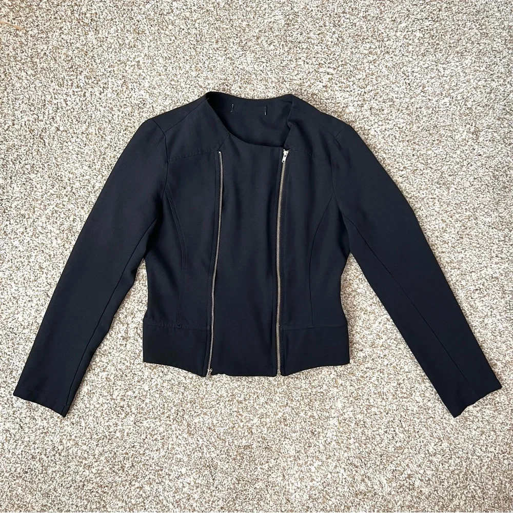 Black Cropped Moto Jacket Size Small Gold Double Zippers - Picture 3 of 12